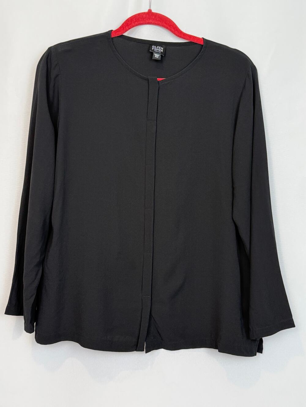 Eileen Fisher Petite PM 100% Silk Black Long Sleeve Top Quiet Luxury